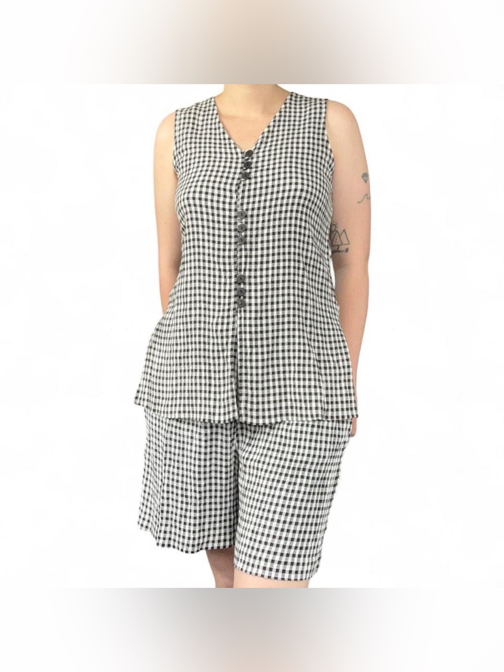 Vintage Black & White Gingham Button-Front Sleeveless Top and Shorts Set